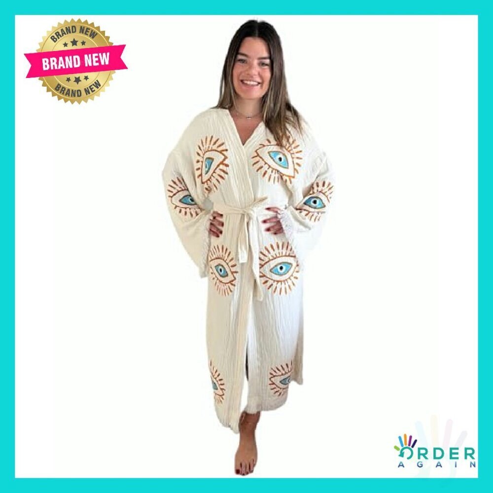 Handmade Evil Eye Kimono Boho Cotton Cardigan Festival Beach Cover Up - Picture 6 of 8